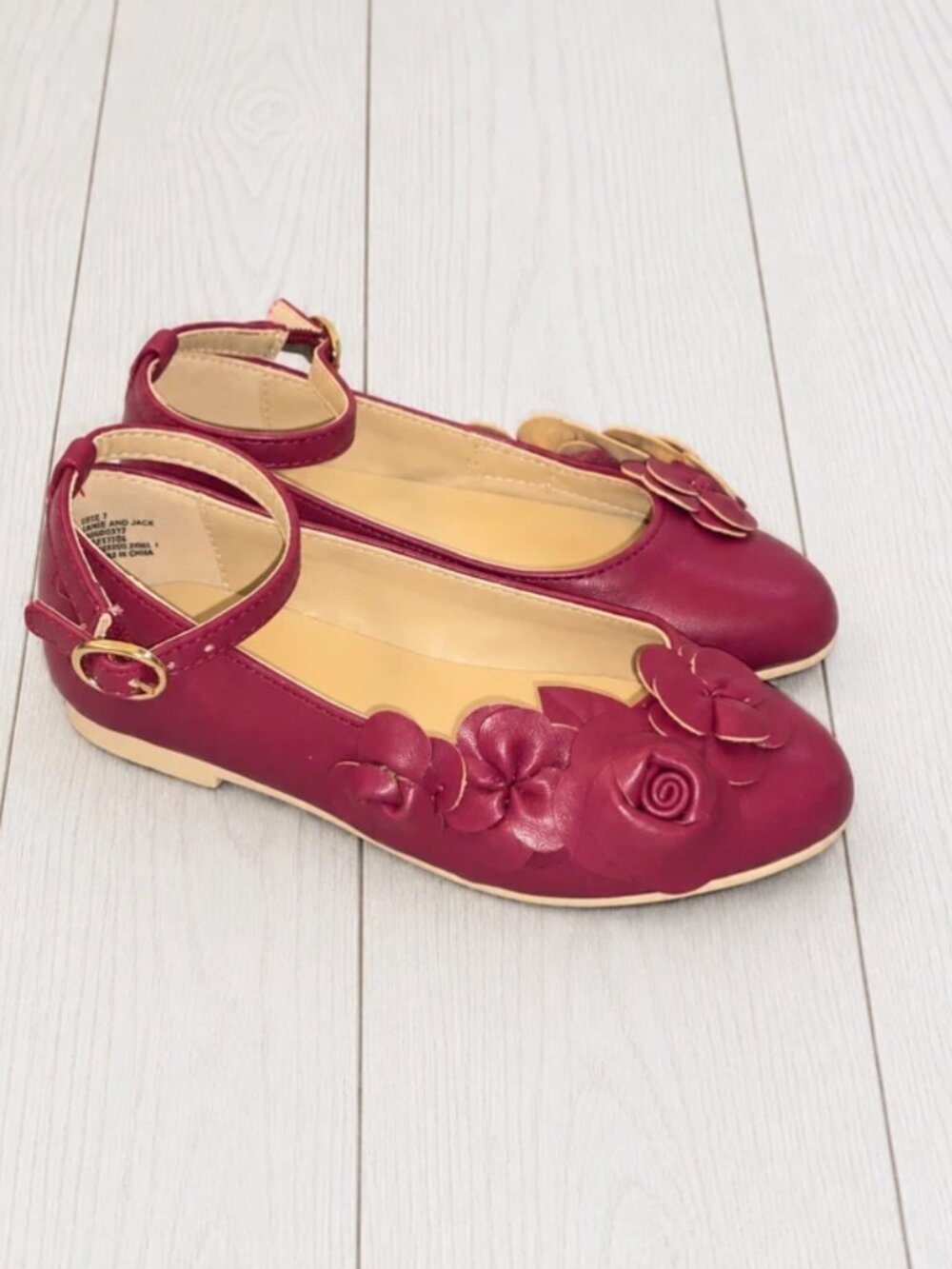 Janie and Jack Girls Burgundy Mary Jane Flats Ankle Strap Buckle Flower Size 7
